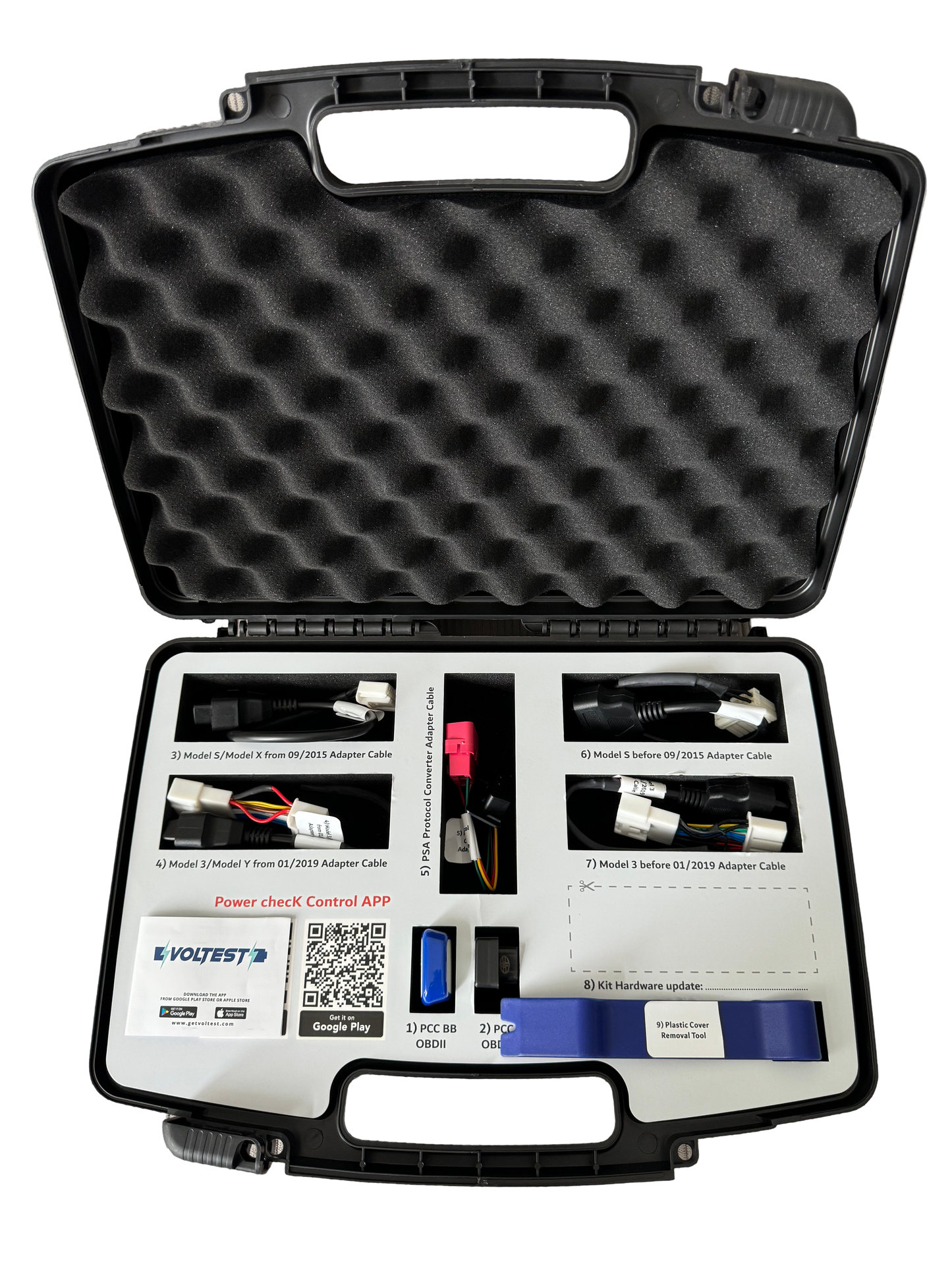 Voltest EV Battery Test Kit open box shows all the components of the kit to test state of health
